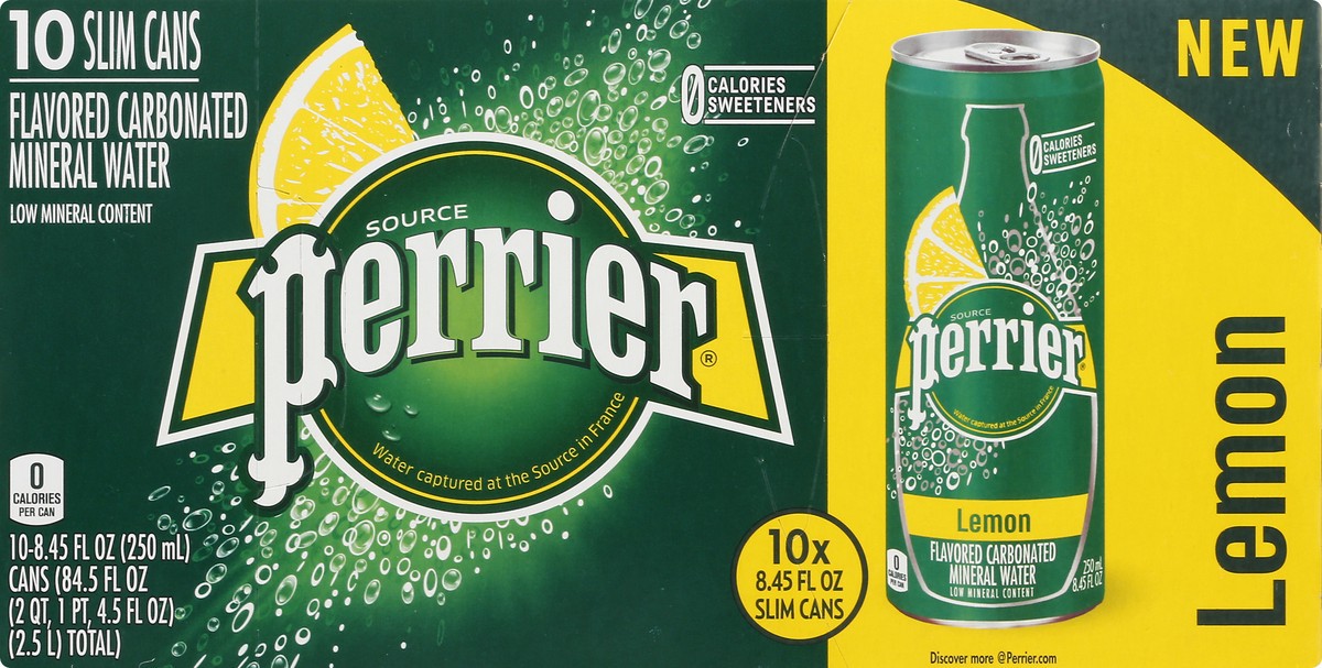 slide 9 of 9, PERRIER Lemon Flavored Carbonated Mineral Water, 8.45 fl oz. Slim Cans (10 Count), 84.5 oz