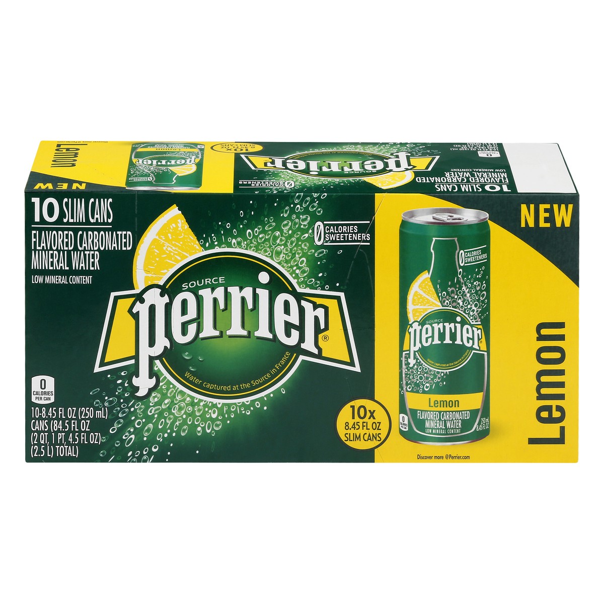 slide 1 of 9, PERRIER Lemon Flavored Carbonated Mineral Water, 8.45 fl oz. Slim Cans (10 Count), 84.5 oz