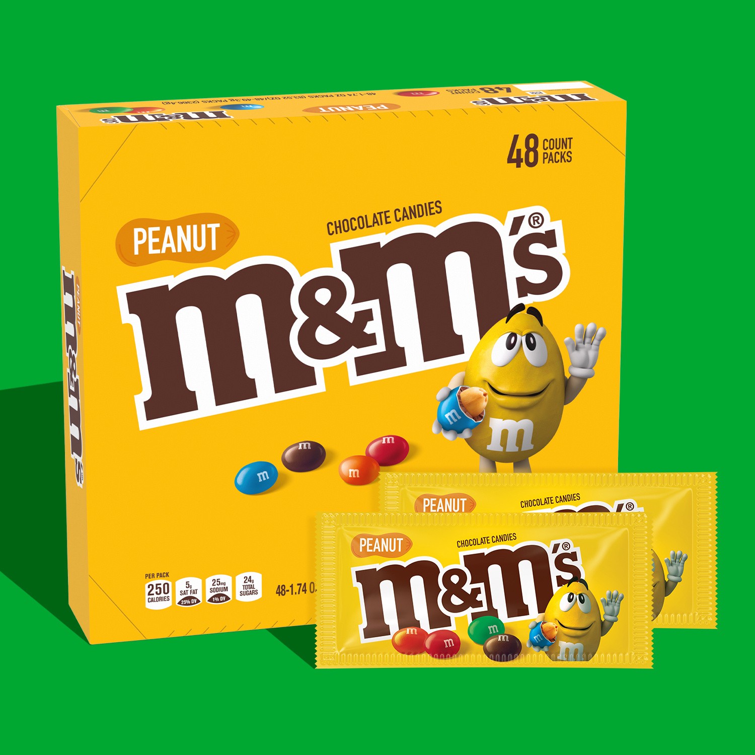 slide 3 of 8, M&M's Individually Wrapped Peanut Milk Chocolate Candy Bulk, 1.74 Oz Packs, 48 Ct Box, 83.52 oz