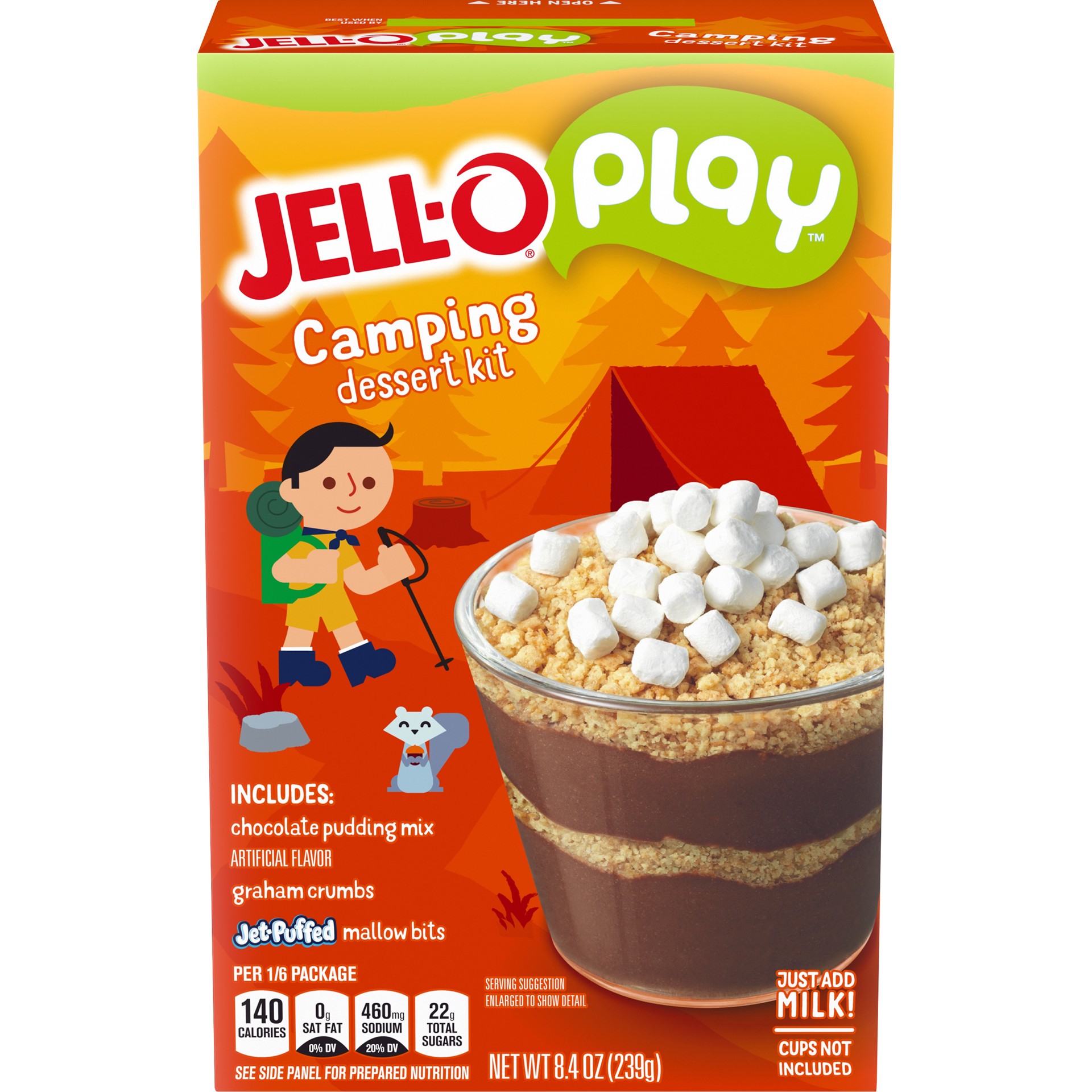 slide 4 of 11, Jell-O Play Camping Dessert Kit with Chocolate Pudding Mix, Graham Crumbs & Jet-Puffed Marshmallow Bits, 8.4 oz Box, 8.4 oz