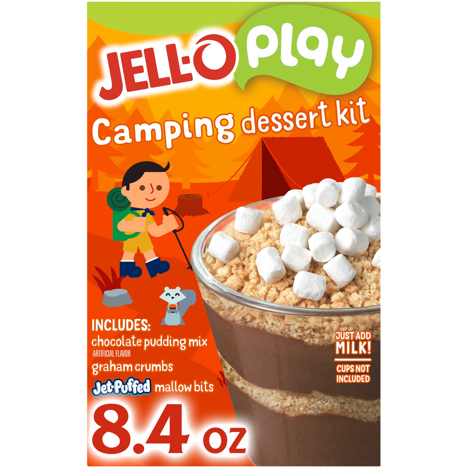 slide 1 of 11, Jell-O Play Camping Dessert Kit with Chocolate Pudding Mix, Graham Crumbs & Jet-Puffed Marshmallow Bits, 8.4 oz Box, 8.4 oz