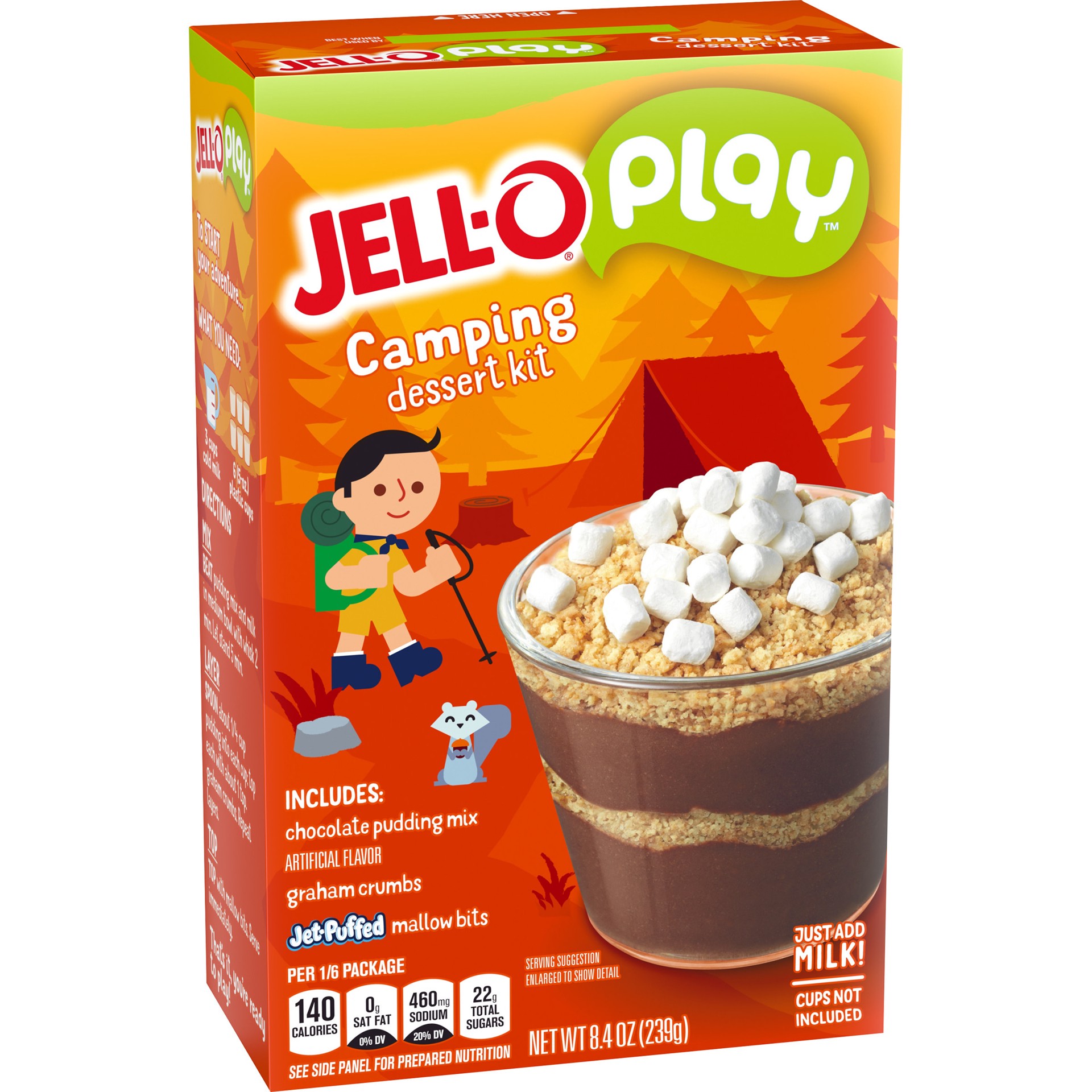 slide 9 of 11, Jell-O Play Camping Dessert Kit with Chocolate Pudding Mix, Graham Crumbs & Jet-Puffed Marshmallow Bits, 8.4 oz Box, 8.4 oz