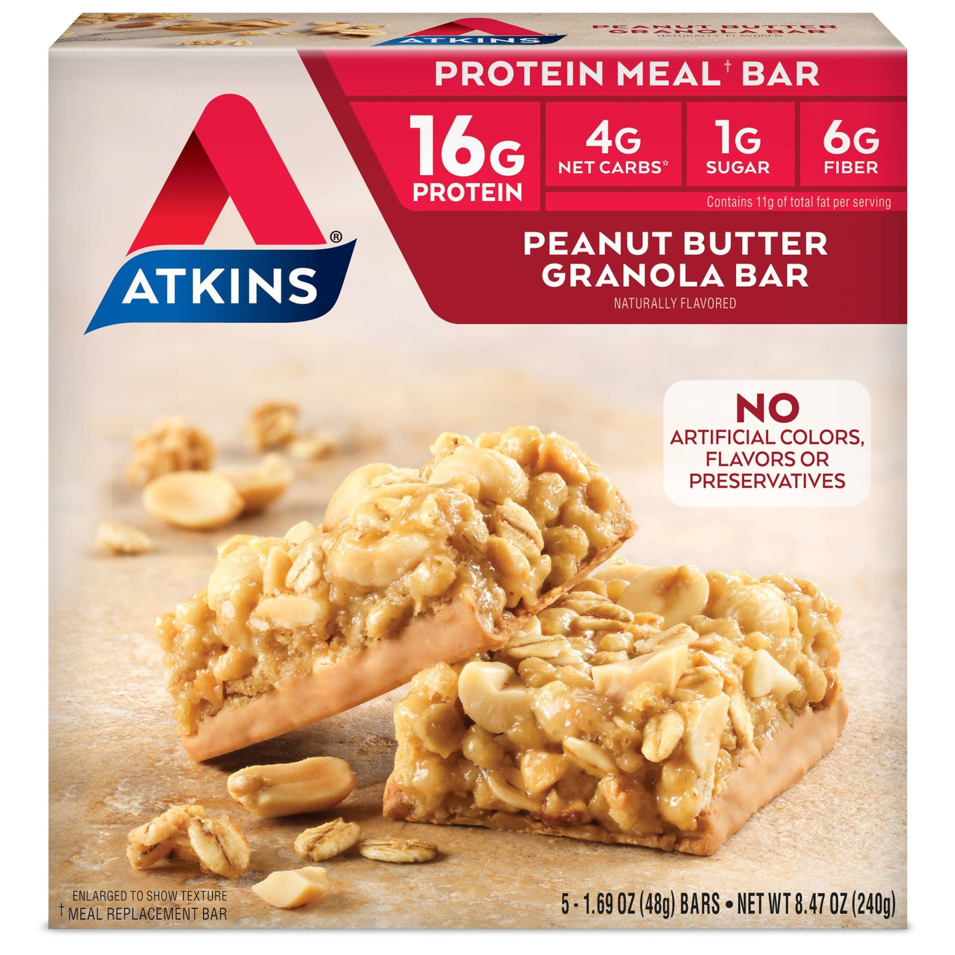 slide 1 of 8, Atkins Advantage Peanut Butter Granola Bars, 5 ct; 1.69 oz