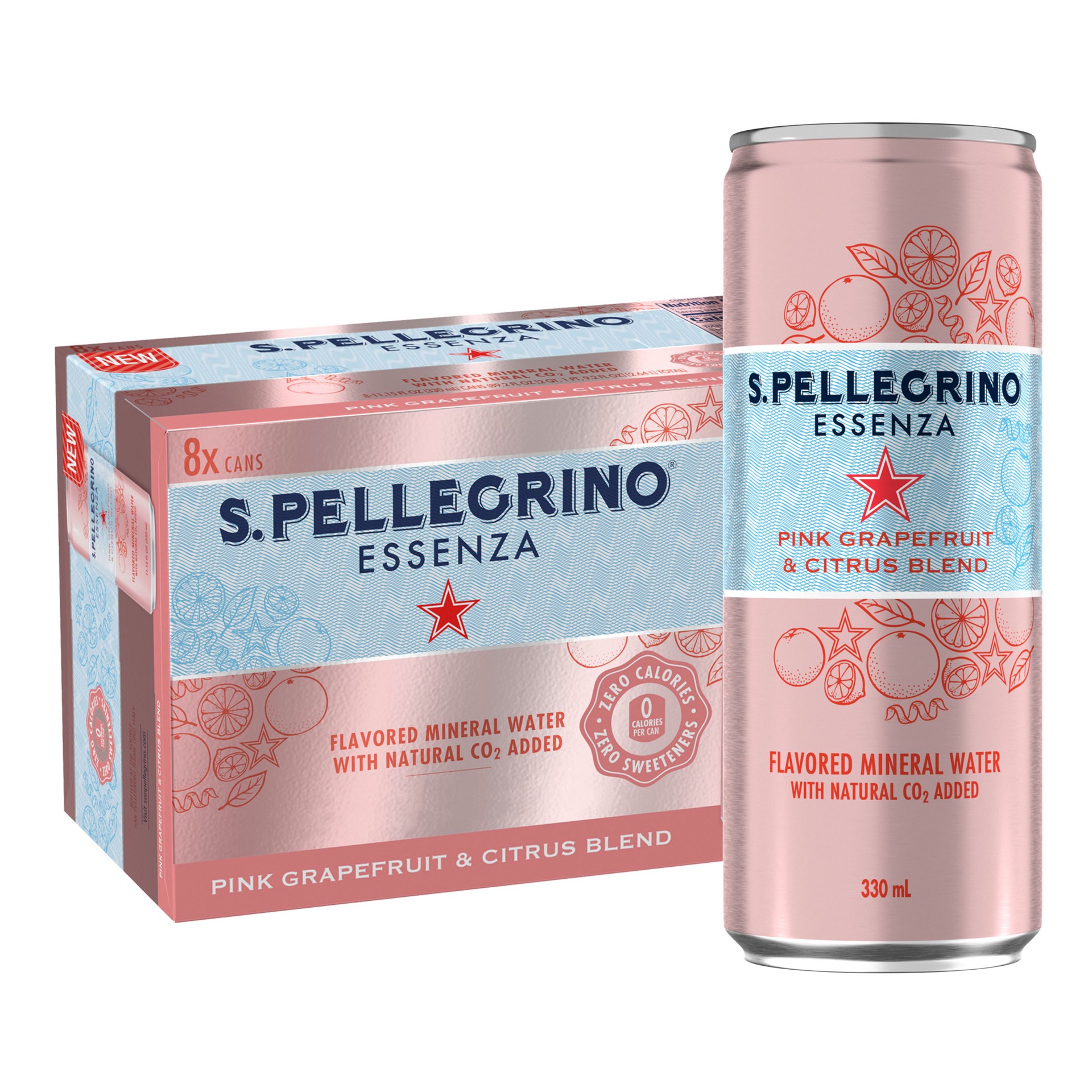 slide 1 of 3, S.Pellegrino Essenza Pink Grapefruit & Citrus Flavored Mineral Water with CO2 Added, 8 Pack of 11.15 Fl Oz Cans, 5.82 lb