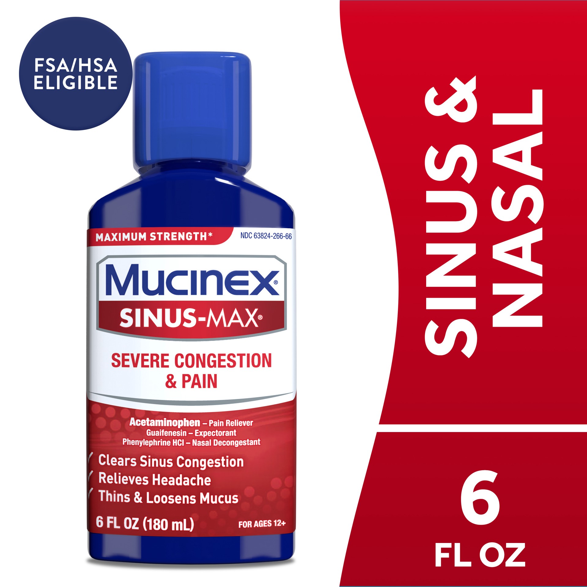 slide 1 of 9, Mucinex Sinus-Max Adult Liquid Severe Congestion & Pain Relief, 6 Ounce, 6 oz