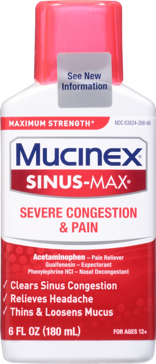 slide 7 of 9, Mucinex Sinus-Max Adult Liquid Severe Congestion & Pain Relief, 6 Ounce, 6 oz