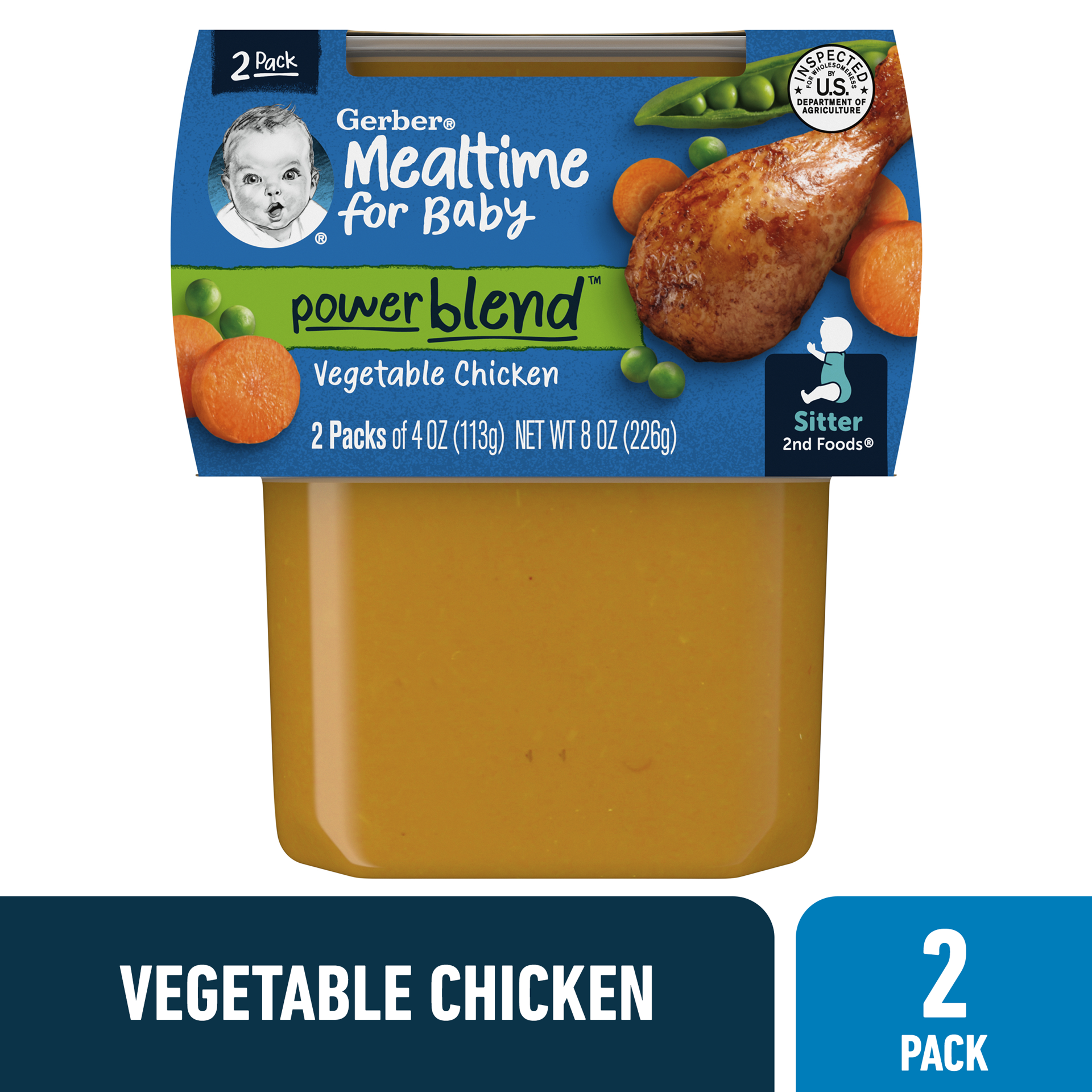 slide 1 of 9, Gerber Stage 2 Baby Food, Vegetable Chicken Dinner Puree, 4 oz Tubs (2 Pack), 8 oz