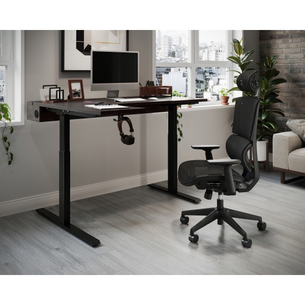 slide 2 of 10, Realspace® Koru Electric 59""W L-Shaped Height-Adjustable Standing Desk with Integrated Power & Charging, Espresso Oak, 1 ct