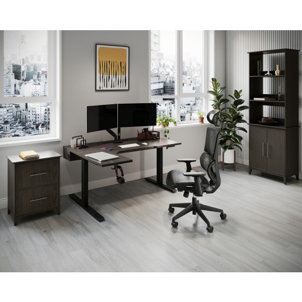 slide 3 of 10, Realspace® Koru Electric 59""W L-Shaped Height-Adjustable Standing Desk with Integrated Power & Charging, Espresso Oak, 1 ct