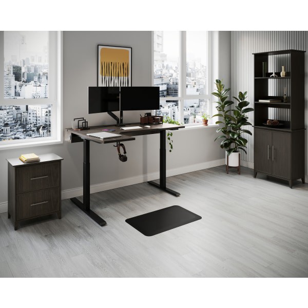 slide 6 of 10, Realspace® Koru Electric 59""W L-Shaped Height-Adjustable Standing Desk with Integrated Power & Charging, Espresso Oak, 1 ct