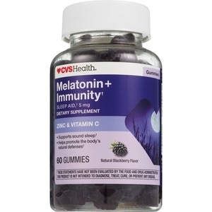 slide 1 of 1, CVS Health Melatonin + Immunity Gummies, 5 Mg, With Zinc & Vitamin C, Natural Blackberry, 60 Ct, 60 ct