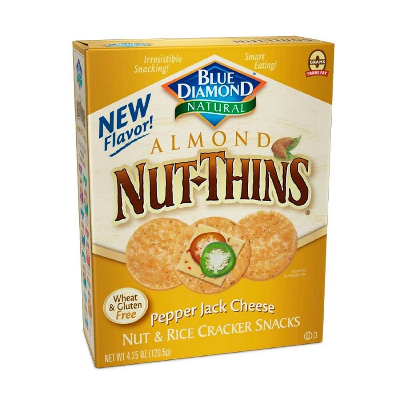 slide 1 of 8, Blue Diamond Nut-Thins Almond Pepper Jack Cheese Nut & Rice Cracker Snacks, 4.25 oz
