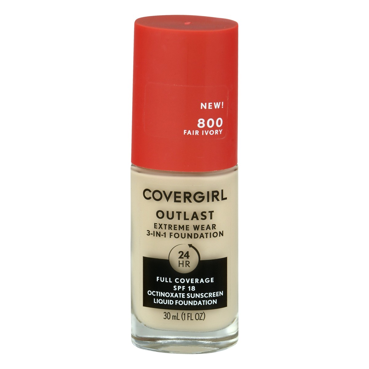 slide 9 of 12, Covergirl Outlast SPF 18 Fair Ivory 800 3-in-1 Liquid Foundation 30 ml, 30 ml