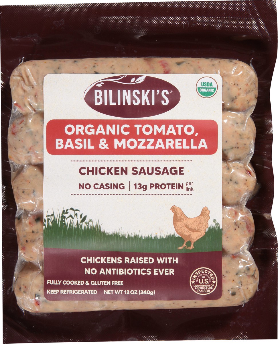 slide 4 of 14, Bilinski's Organic Caprese Style Tomato, Basil & Mozzarella Chicken Sausage 12 oz, 12 oz