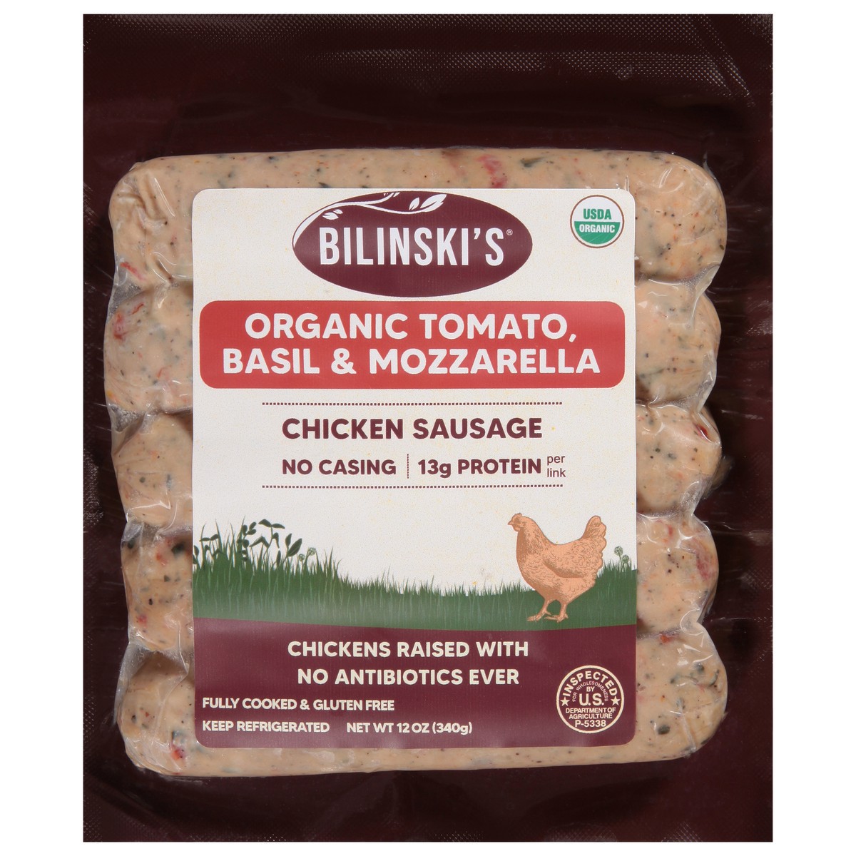slide 10 of 14, Bilinski's Organic Caprese Style Tomato, Basil & Mozzarella Chicken Sausage 12 oz, 12 oz