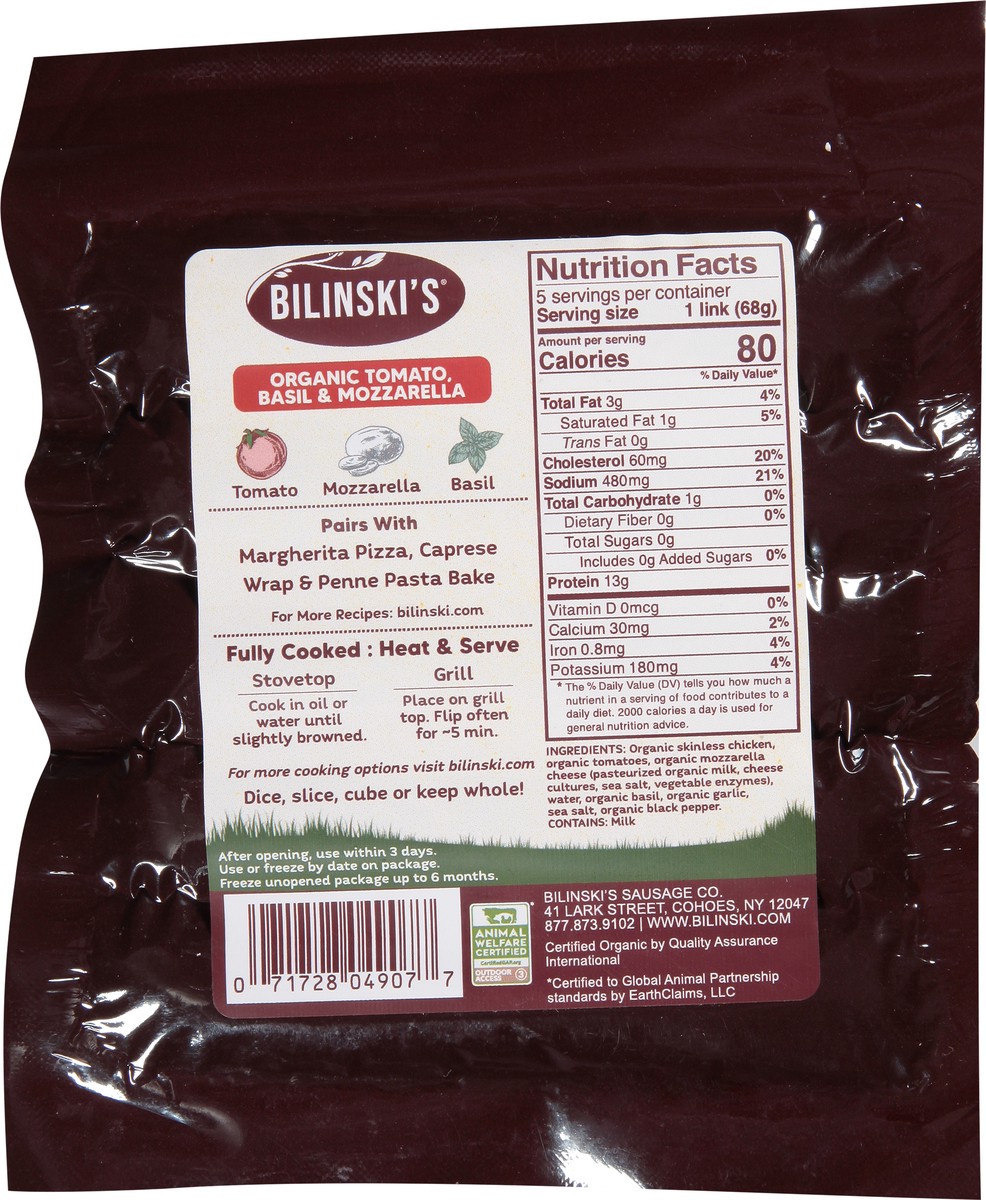 slide 9 of 14, Bilinski's Organic Caprese Style Tomato, Basil & Mozzarella Chicken Sausage 12 oz, 12 oz