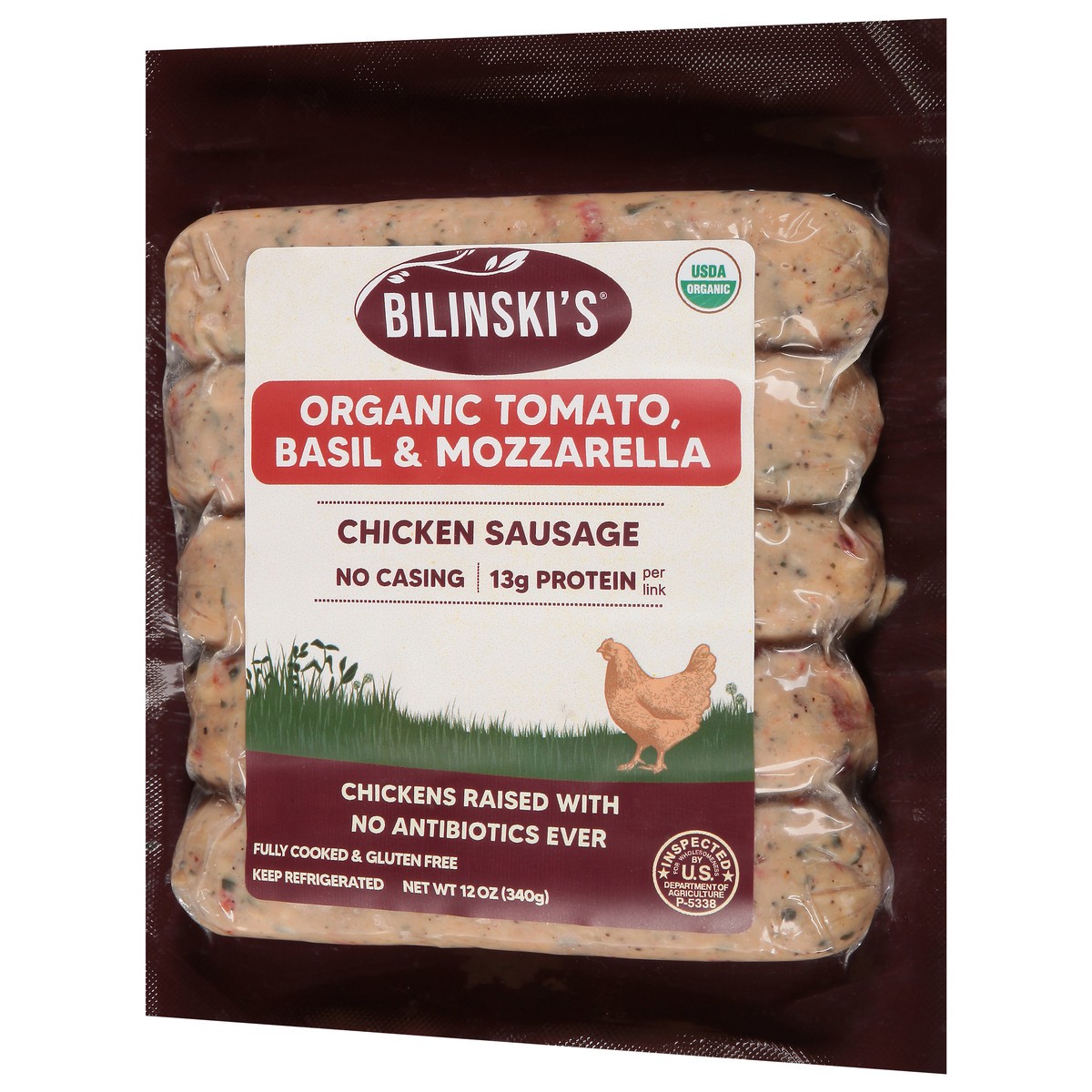 slide 2 of 14, Bilinski's Organic Caprese Style Tomato, Basil & Mozzarella Chicken Sausage 12 oz, 12 oz