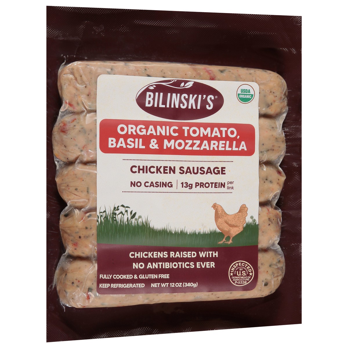 slide 11 of 14, Bilinski's Organic Caprese Style Tomato, Basil & Mozzarella Chicken Sausage 12 oz, 12 oz