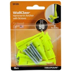 Hillman Large Wallclaw Hammer-In Drywall Anchors With Screws, 10 Pack