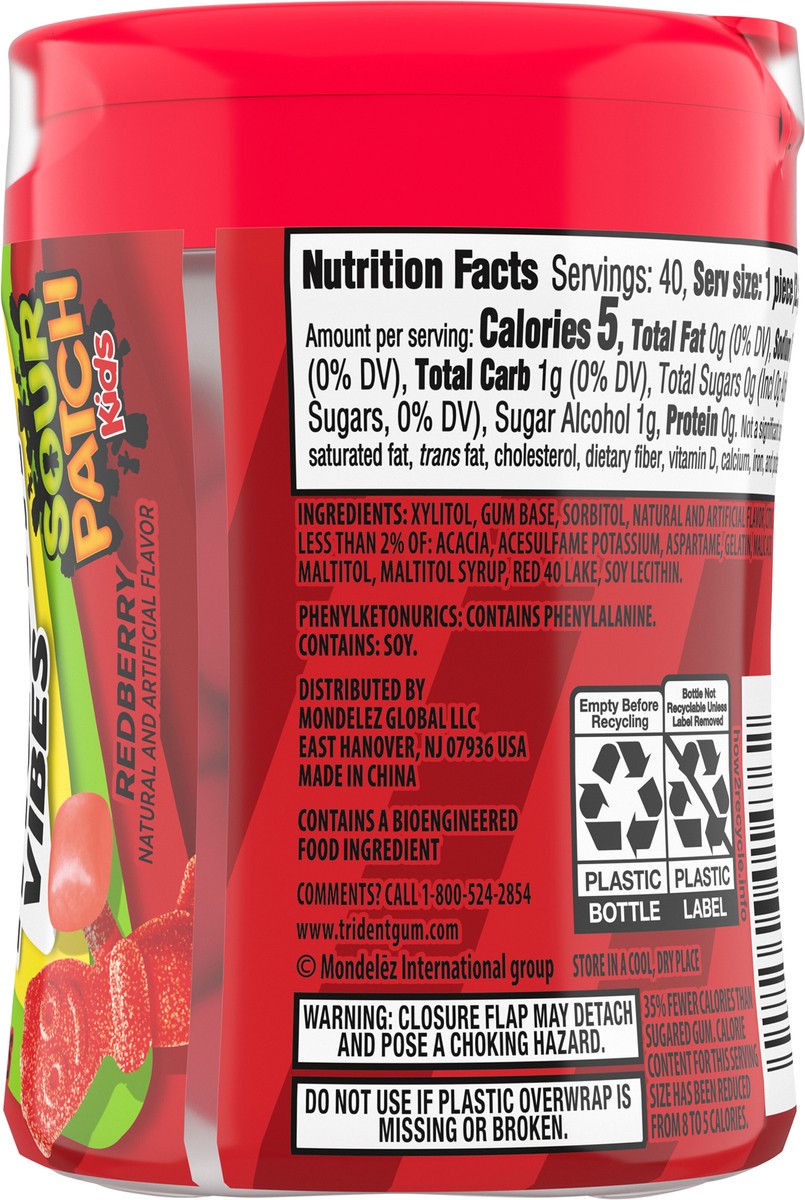 slide 3 of 9, Trident Vibes SOUR PATCH KIDS Redberry Sugar Free Gum, 40 Piece Bottle, 3.25 oz