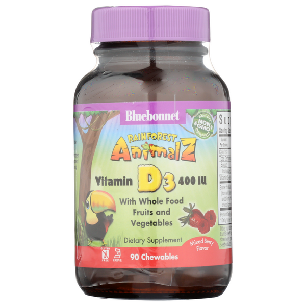 slide 1 of 1, Bluebonnet Nutrition Rainforest Animalz Mixed Berry Vitamin D3 Chewables, 1 ct
