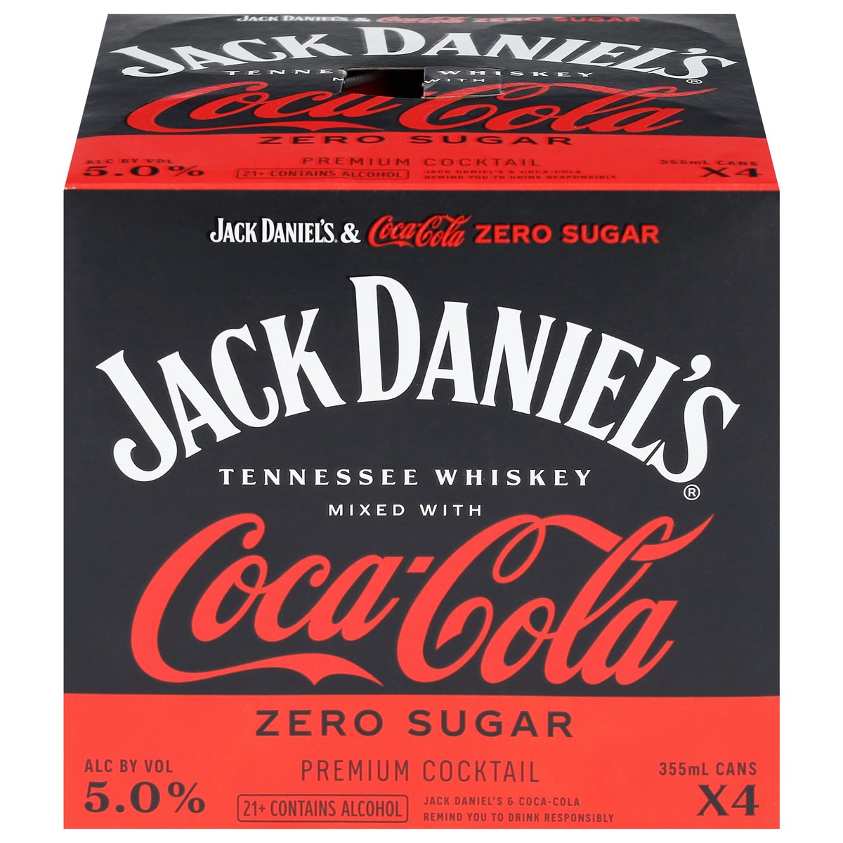 slide 1 of 2, Jack Daniel's Zero Sugar Mixed with Coca-Cola Tennessee Whiskey 4 - 355 ml Cans, 4 ct