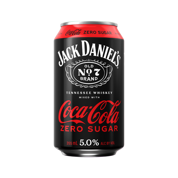 slide 1 of 2, Jack Daniel's & Coca-Cola Zero Sugar Ready to Drink Whiskey Cocktail, 355 mL, 5% ABV, 1420 mL