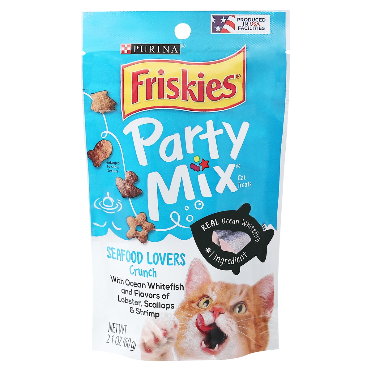 slide 1 of 1, Friskies Party Mix Seafood Lovers Crunch Adult Cat Treats Pouch, 2.1 oz