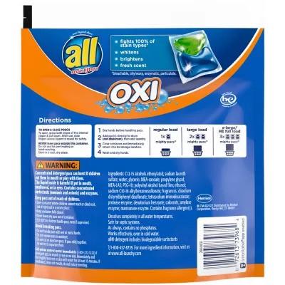 slide 2 of 3, All OXI Mighty Pacs Laundry Detergent, 4 in 1 with OXI Stain Removers and Whiteners, One Pouch, 19 Count, 19 ct