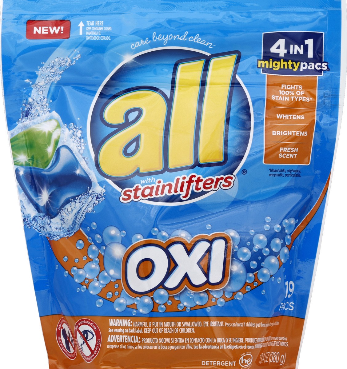slide 1 of 3, All OXI Mighty Pacs Laundry Detergent, 4 in 1 with OXI Stain Removers and Whiteners, One Pouch, 19 Count, 19 ct