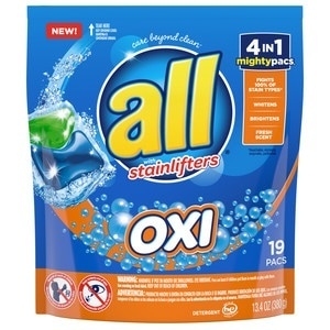 slide 1 of 1, All Mighty Pacs Laundry Detergent, 4 In 1 With Oxi, 19 ct