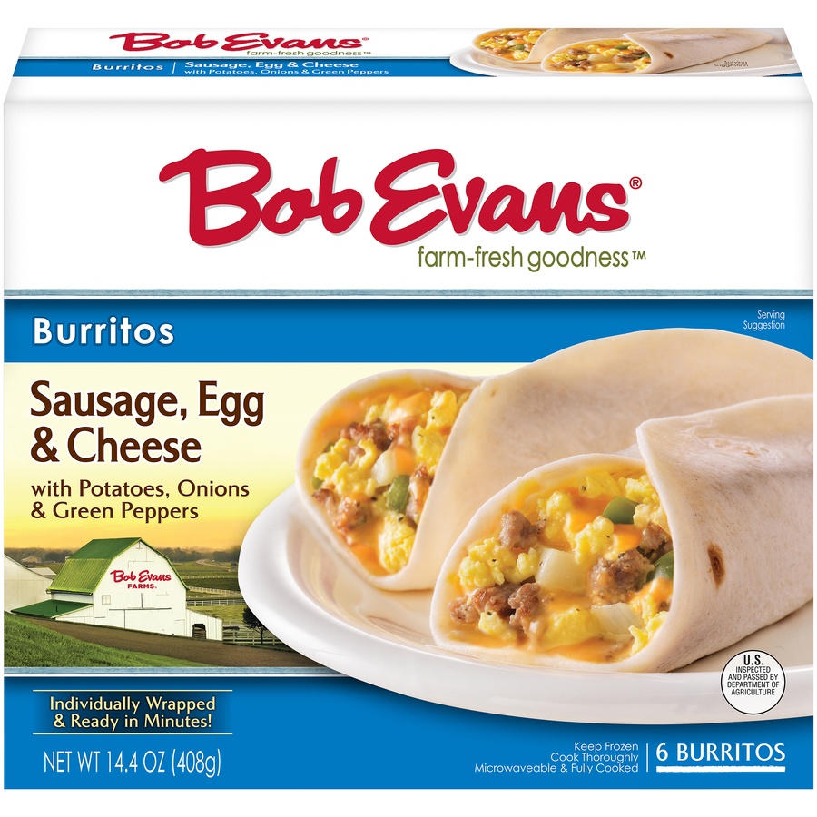 slide 1 of 1, Bob Evans Sausage, Egg & Cheese Burrito, 6 ct