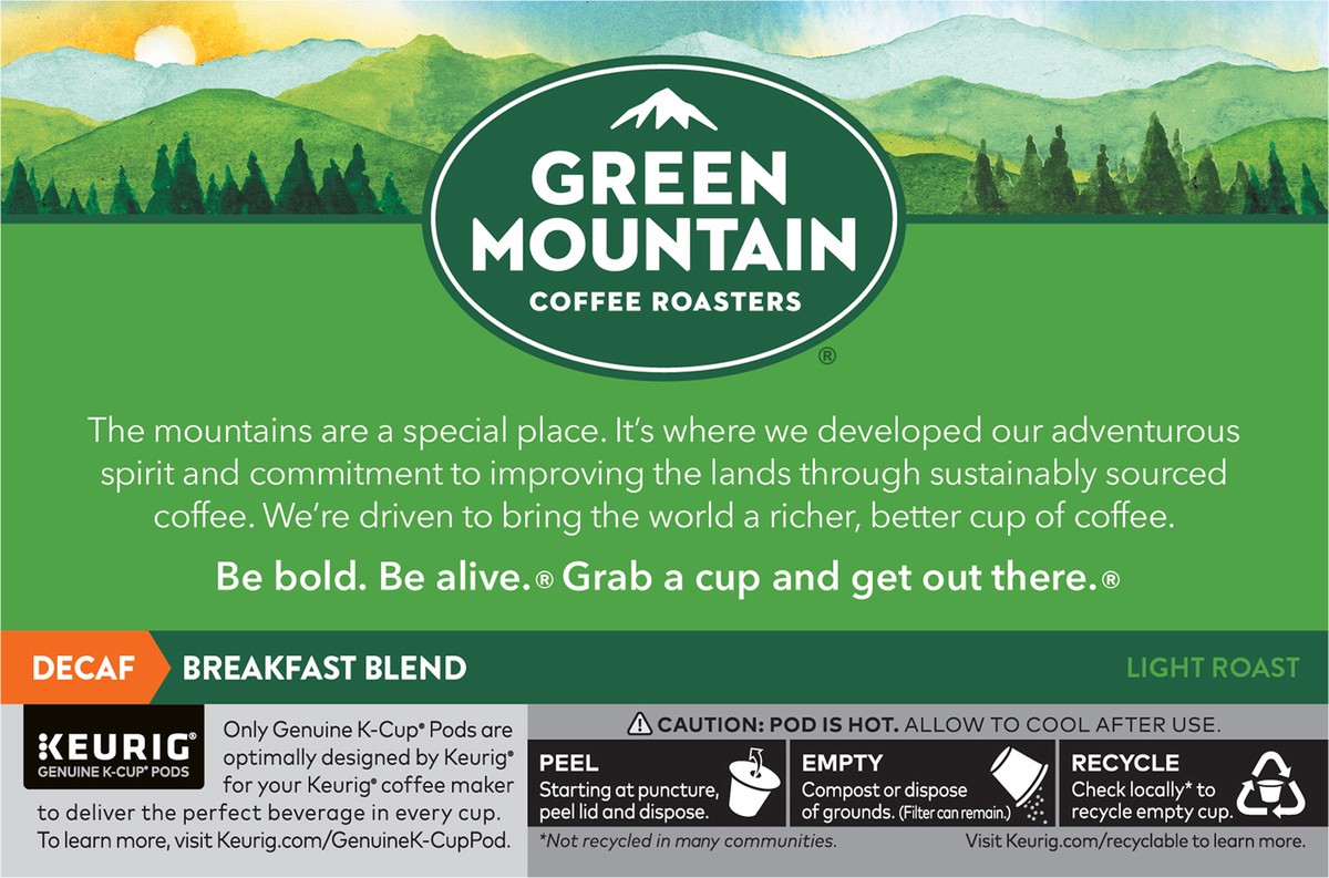 slide 2 of 10, Green Mountain Coffee Roasters Breakfast Blend Decaf Keurig Single-Serve K-Cup pods, Light Roast Coffee, 10 Count, 10 ct