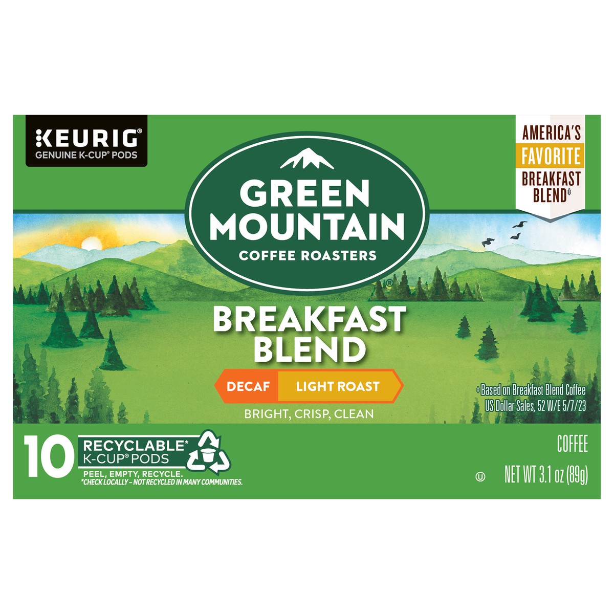 slide 8 of 10, Green Mountain Coffee Roasters Breakfast Blend Decaf Keurig Single-Serve K-Cup pods, Light Roast Coffee, 10 Count, 10 ct
