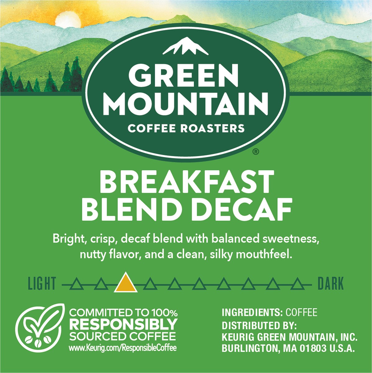 slide 10 of 10, Green Mountain Coffee Roasters Breakfast Blend Decaf Keurig Single-Serve K-Cup pods, Light Roast Coffee, 10 Count, 10 ct