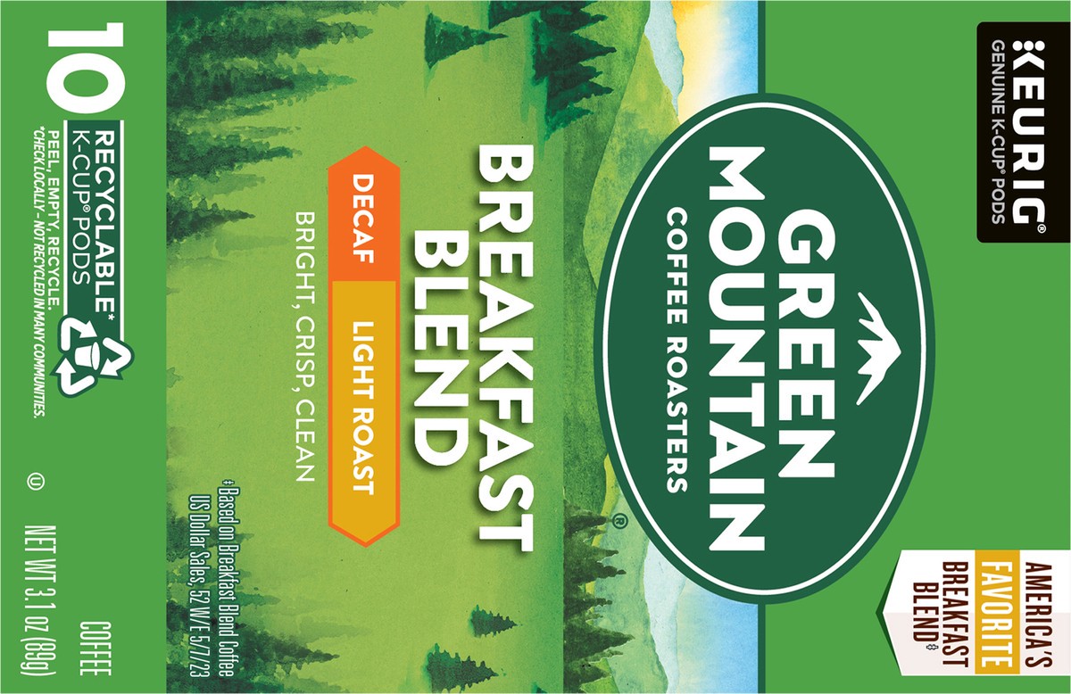 slide 5 of 10, Green Mountain Coffee Roasters Breakfast Blend Decaf Keurig Single-Serve K-Cup pods, Light Roast Coffee, 10 Count, 10 ct