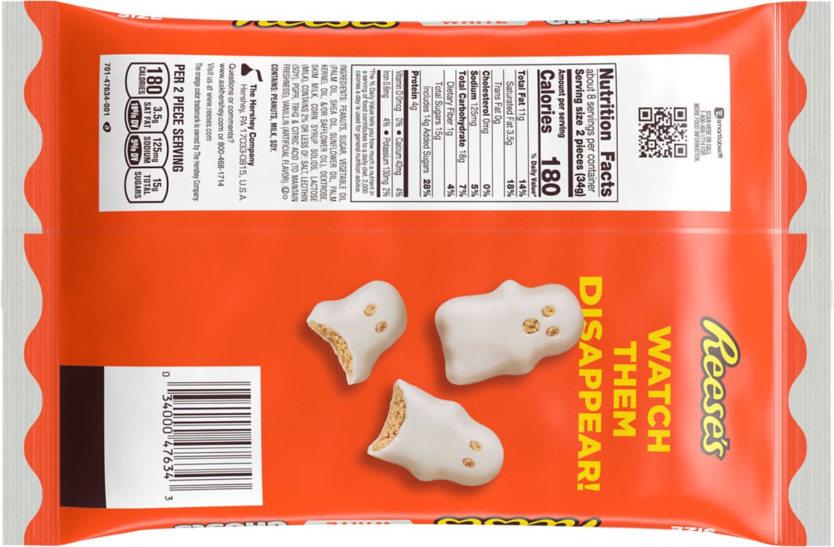 slide 4 of 8, Reese's White Creme Snack Size Peanut Butter Ghosts, Halloween Candy Bag, 9.6 oz, 9.6 oz