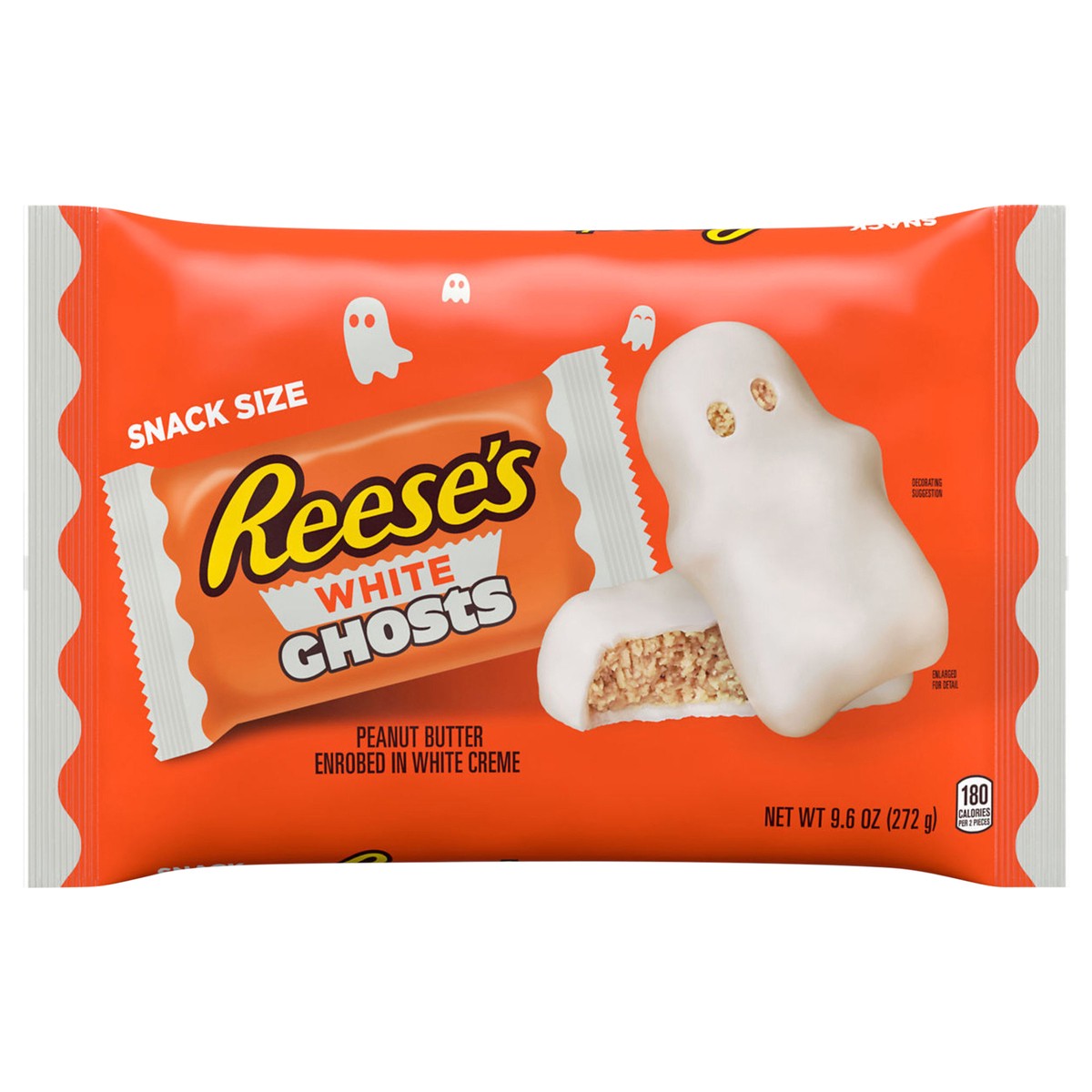 slide 1 of 8, Reese's White Creme Snack Size Peanut Butter Ghosts, Halloween Candy Bag, 9.6 oz, 9.6 oz