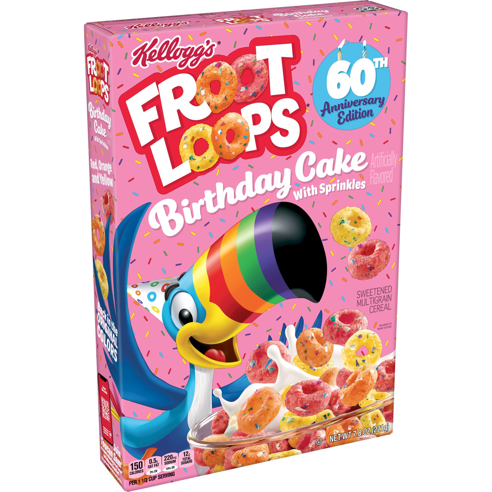 slide 1 of 9, Froot Loops Kellogg's Froot Loops Cold Breakfast Cereal, Limited Edition, Kids Snacks, Birthday Cake With Sprinkles, 8.2oz Box, 1 Box, 7.8 oz