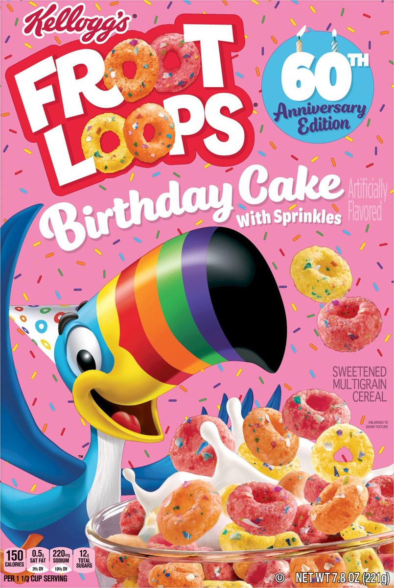 slide 6 of 9, Froot Loops Kellogg's Froot Loops Cold Breakfast Cereal, Limited Edition, Kids Snacks, Birthday Cake With Sprinkles, 8.2oz Box, 1 Box, 7.8 oz