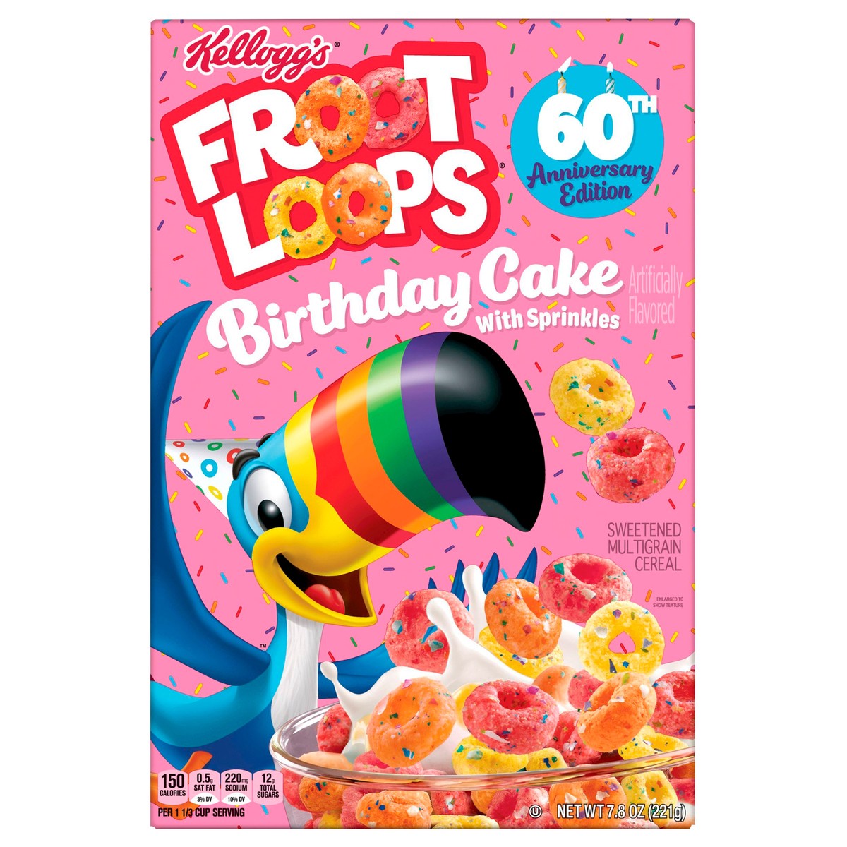 slide 8 of 9, Froot Loops Kellogg's Froot Loops Cold Breakfast Cereal, Limited Edition, Kids Snacks, Birthday Cake With Sprinkles, 8.2oz Box, 1 Box, 7.8 oz