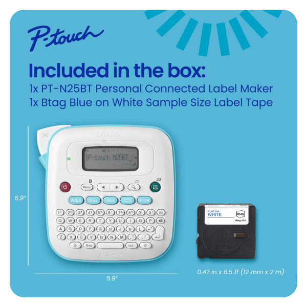 slide 9 of 10, Brother P-touch Personal Connected Label Maker (PT-N25BT), Prints on P-touch Btag ~½"" (12mm) Label Tapes, 1 ct