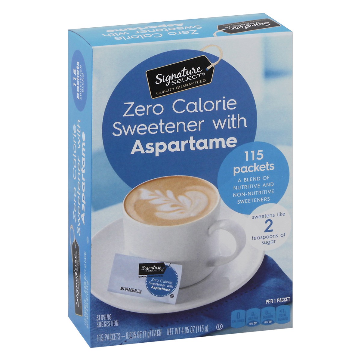 slide 2 of 9, Signature Select Zero Calorie Sweetener with Aspartame 115 - 0.035 oz Packets, 115 ct