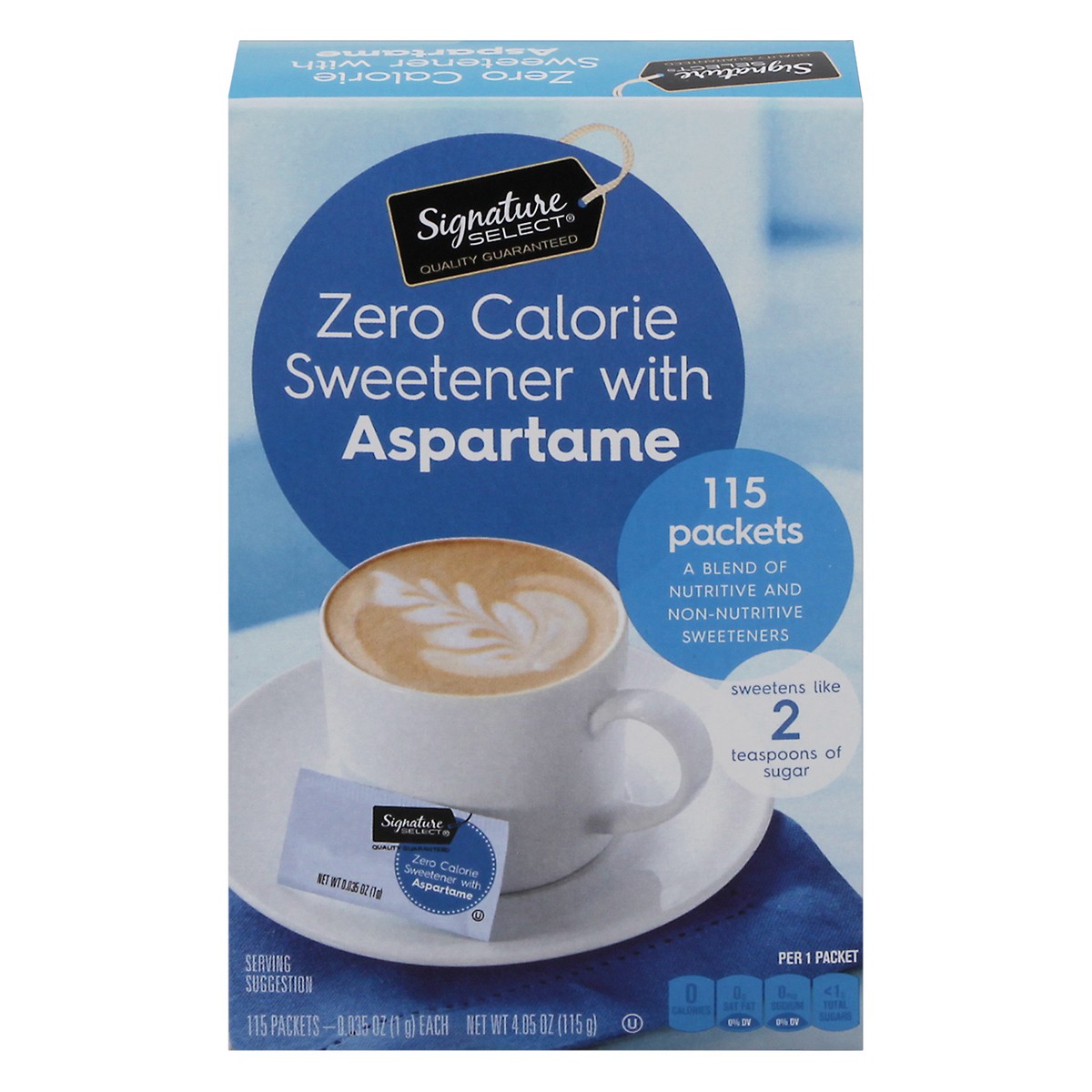slide 1 of 9, Signature Select Zero Calorie Sweetener with Aspartame 115 - 0.035 oz Packets, 115 ct
