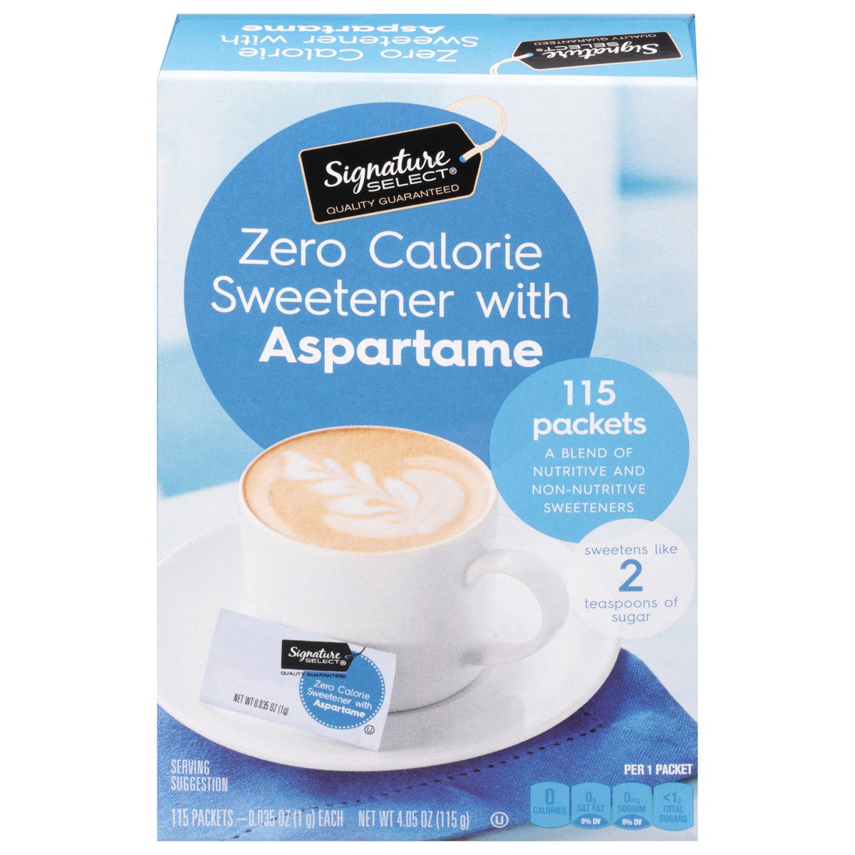 slide 1 of 9, Signature Select Zero Calorie Sweetener with Aspartame 115 - 0.035 oz Packets, 115 ct