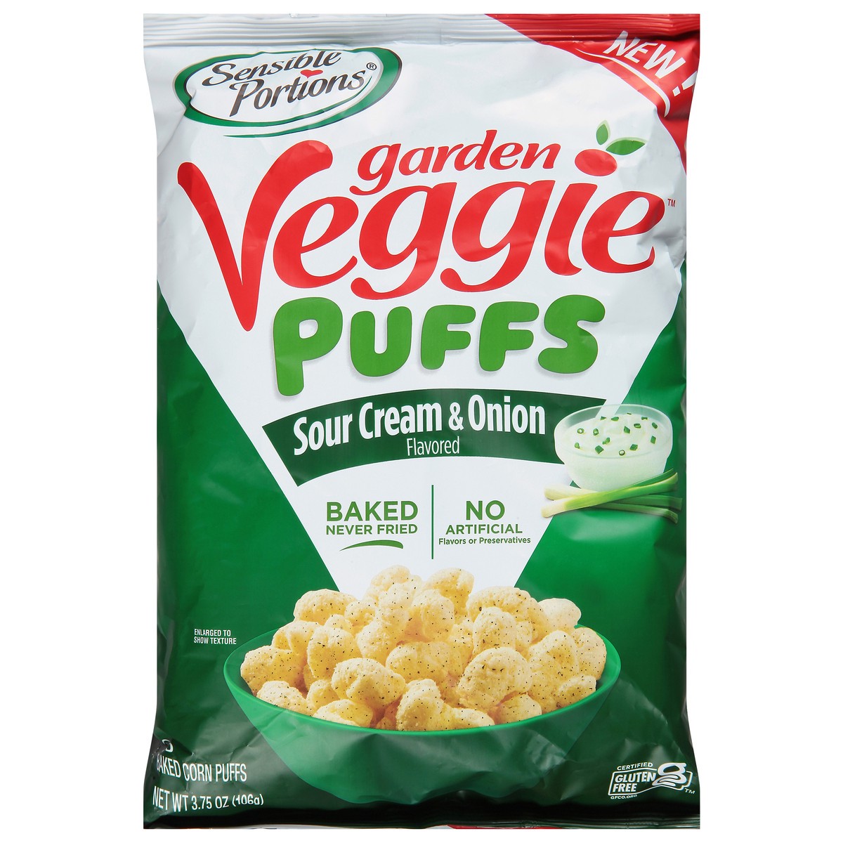 slide 1 of 8, Sensible Portions Garden Veggie Sour Cream & Onion Flavored Baked Corn Puffs 3.75 oz, 3.75 oz
