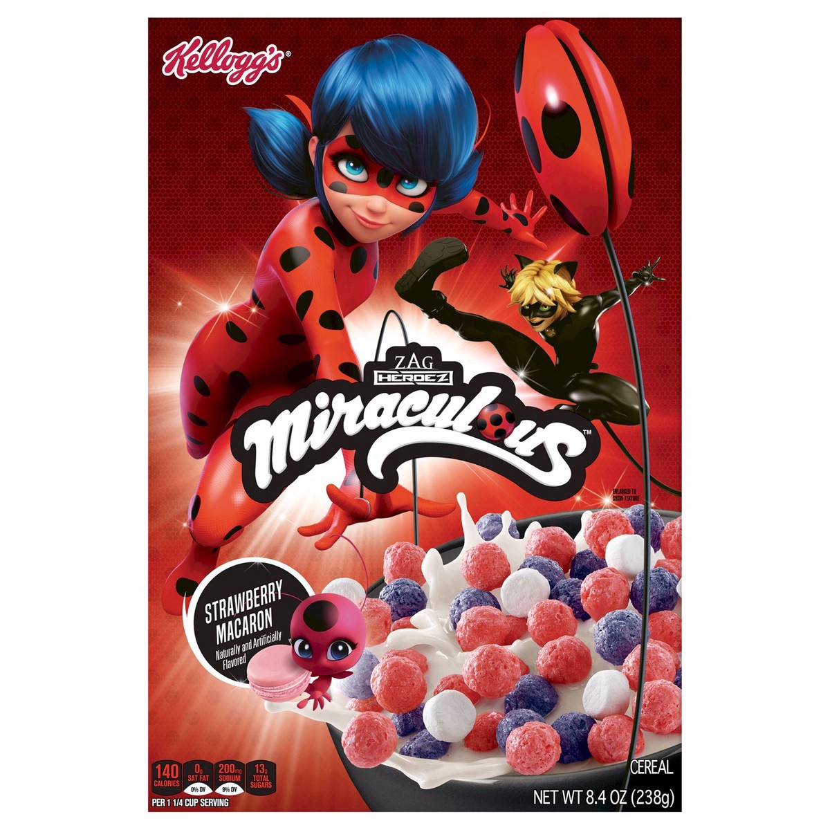 slide 1 of 9, Kellogg's Miraculous Tales of Ladybug and Cat Noir Cold Breakfast Cereal, Strawberry Macaron, 8.4 oz, 8.4 oz