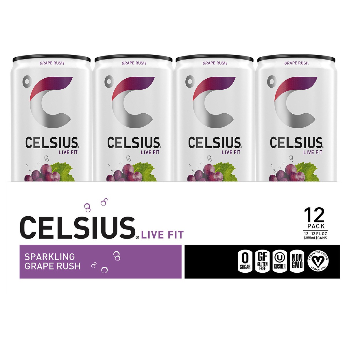 slide 1 of 5, CELSIUS Sparkling Grape Rush, Functional Energy Drink 12 Fl Oz (Pack of 12), 12 ct
