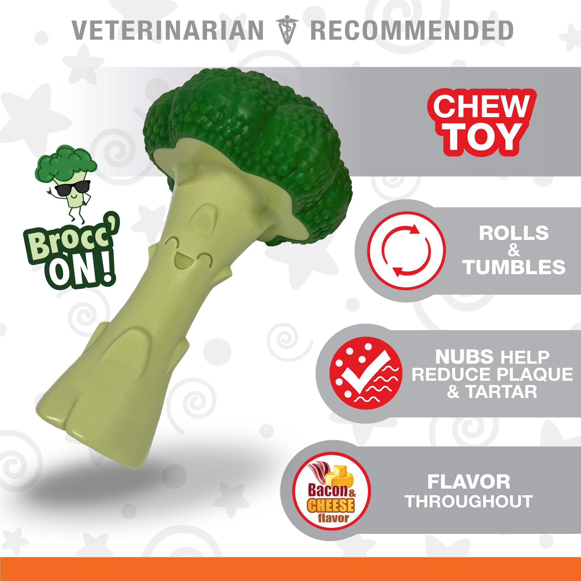slide 10 of 10, Nylabone Power Chew Broccoli Dog Toy Bacon & Cheese Broccoli Large/Giant - Up to 50 lbs.(1 Count), 1 ct