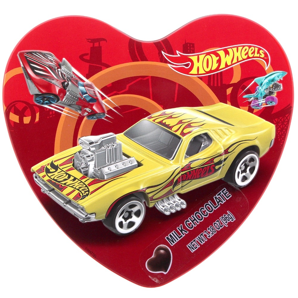 slide 1 of 1, Galerie Hot Wheels Milk Chocolate Heart Shaped Tin Valentine Candy, 3.38 oz